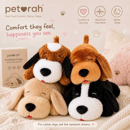 Four plush puppy toys arranged together on a soft cream surface, with a branded product box visible on the left. The set includes brown-and-white, tan-and-white, black-and-white, and tan-and-black dogs.