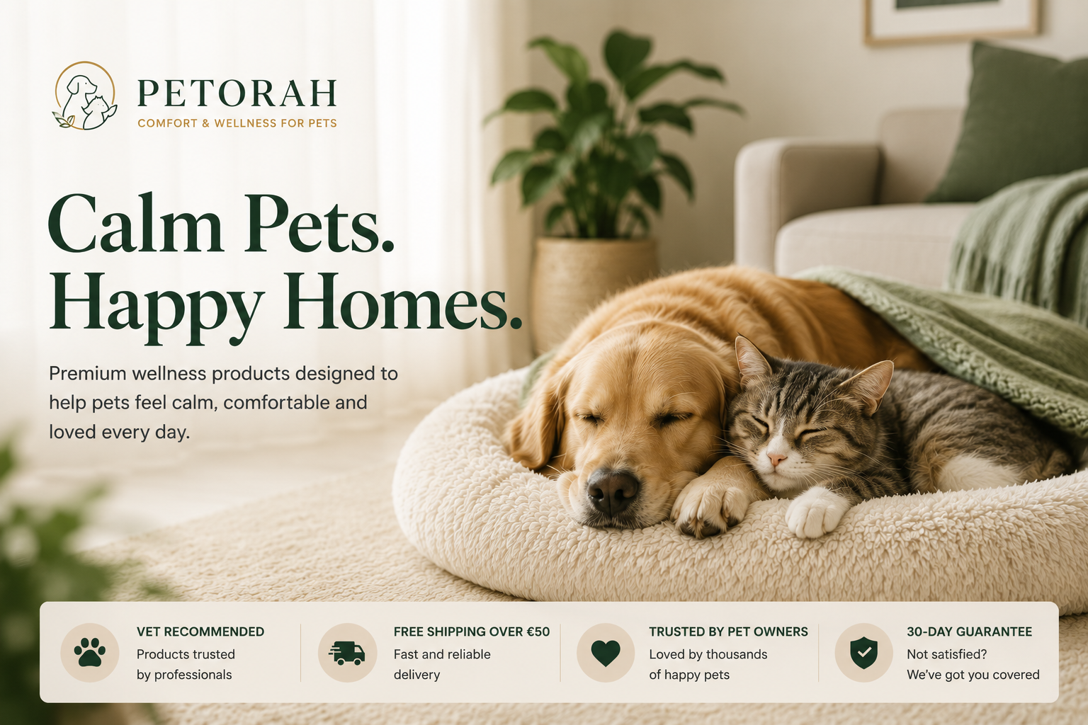 Dog and cat lying on a cushion with Petorah branding and text about pet wellness products.
